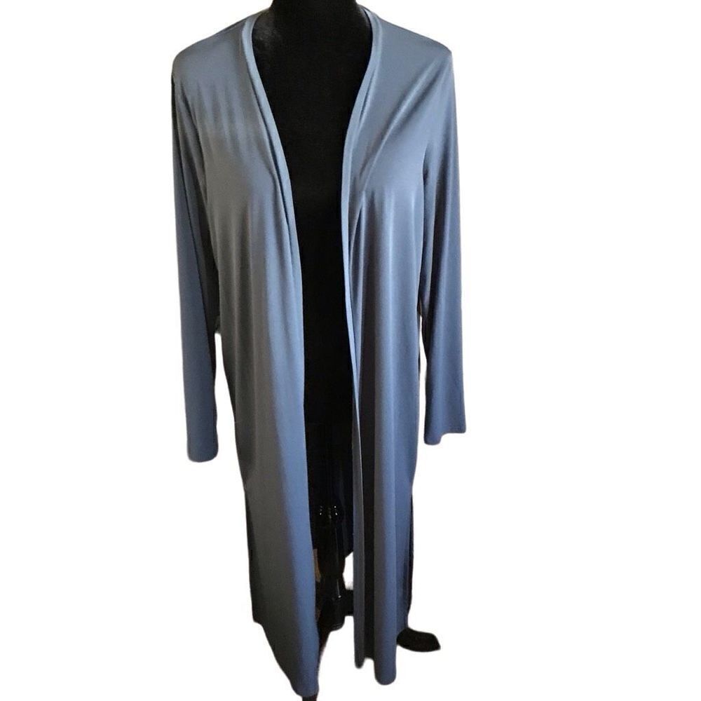 Torrid plus size 1 = 1X Blue duster jacket open front side slits 44” long